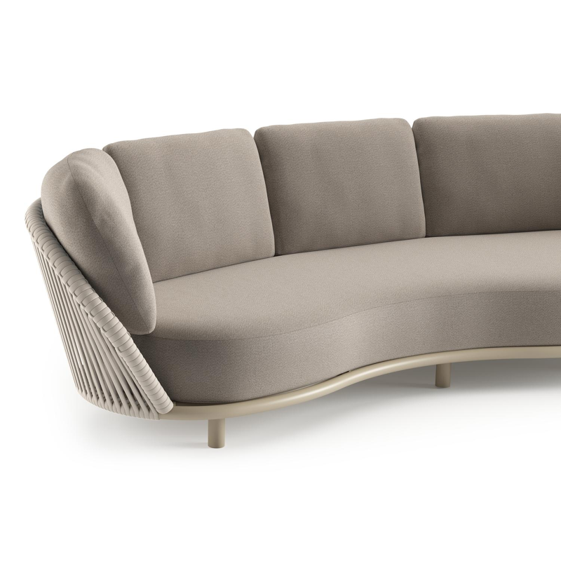 Lupino loungeset in beige aluminium en beige verticaal geweven luxe vlakke brede rope met savane coconut all weather sunbrella® luxe kussen
