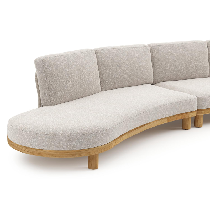 Donato loungehoek in teak en beige verticaal geweven ronde rope met all weather sunbrella® luxe Tundra Sand kussen