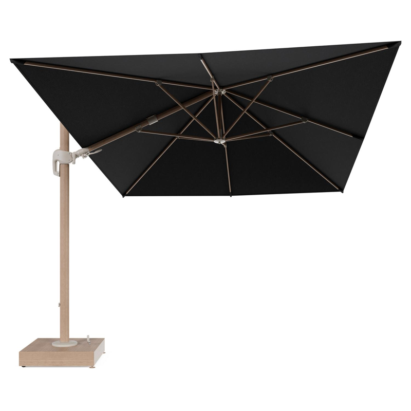 Rufina zweefparasol met tiltfunctie in houtlook aluminium en Chartres Sooty All Weather Sunbrella® Luxe parasoldoek - L1 400 x L2 300 cm met parasolvoet Minore 150 kg met wielen