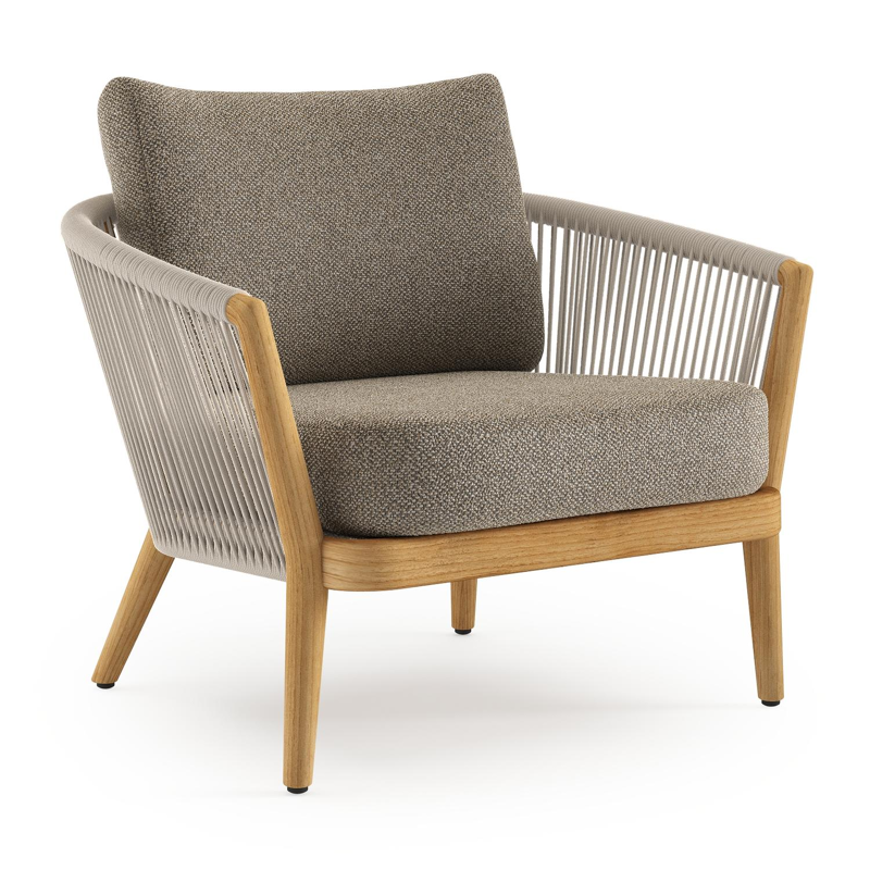 Fauteuil de jardin Orso en tecken corde ronde tissée verticalement beige et coussins en all weather cosytica Madagascar Burch