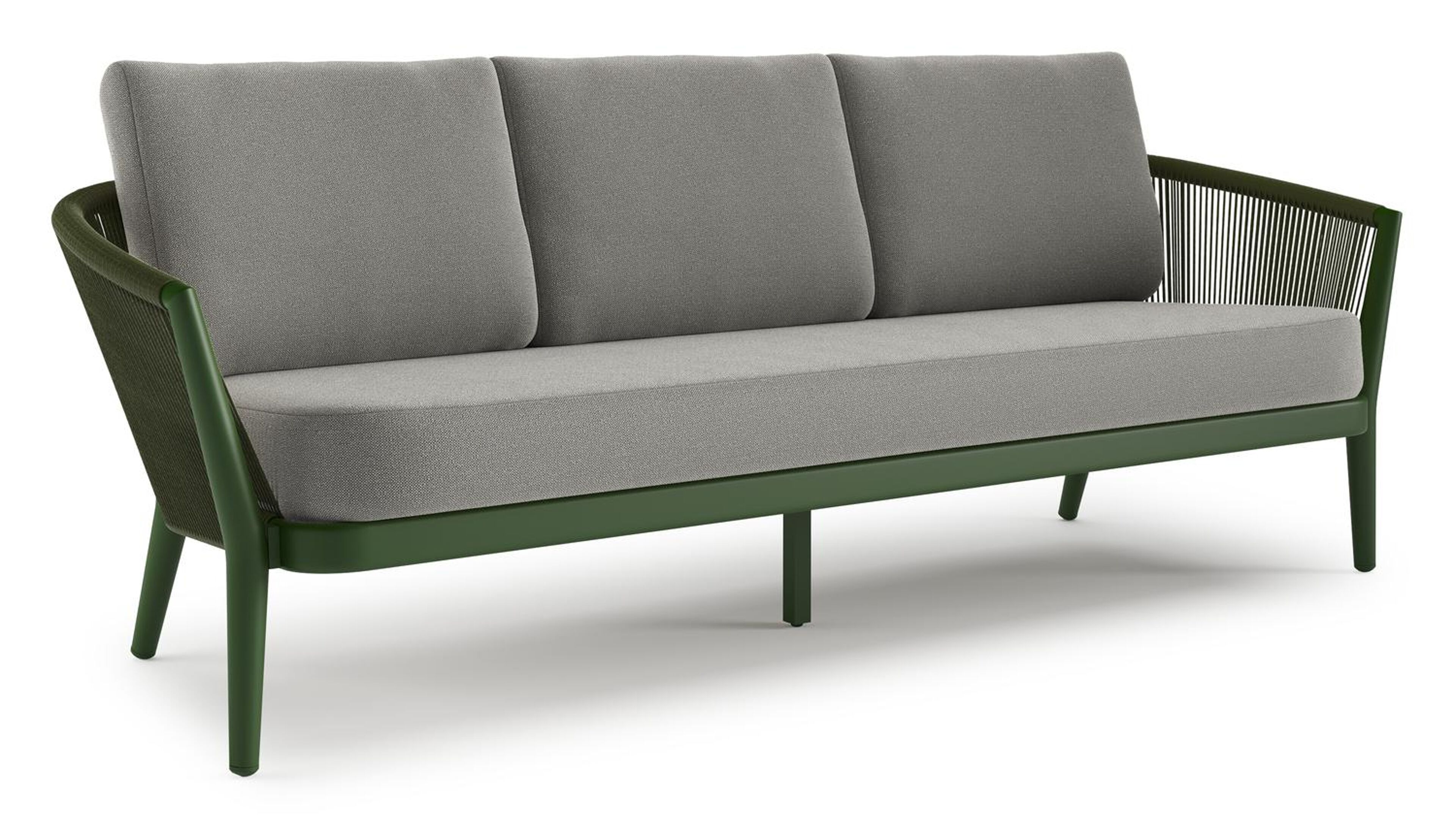 Canapé de jardin Orso en aluminium vert en corde ronde tissée verticalement vert et coussins en all weather sunbrella® luxe Savane Zinc