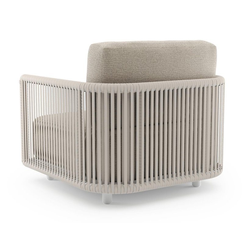 Organo loungestoel in wit aluminium en beige verticaal geweven luxe vlakke rope met catania sand all weather Cosytica kussen