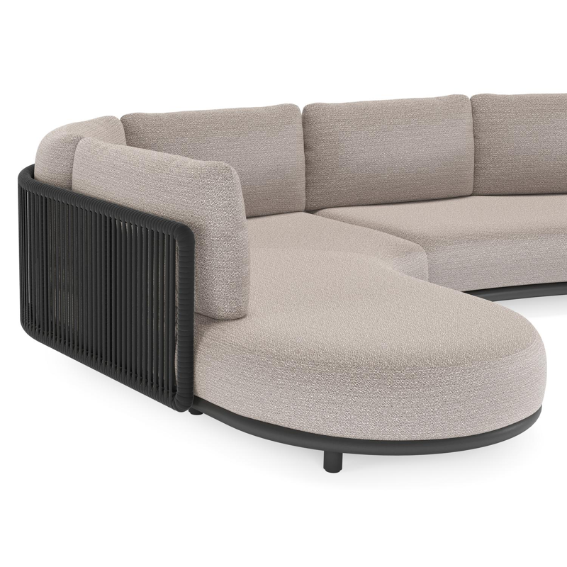 Lomano loungehoek in zwart aluminium en zwart verticaal geweven luxe vlakke rope met wander granite all weather sunbrella® luxe kussen