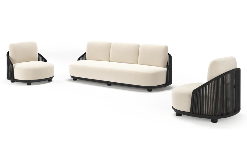 Vadelo loungeset in zwart aluminium en zwart verticaal geweven ronde rope met althea off white all weather cosytica kussen