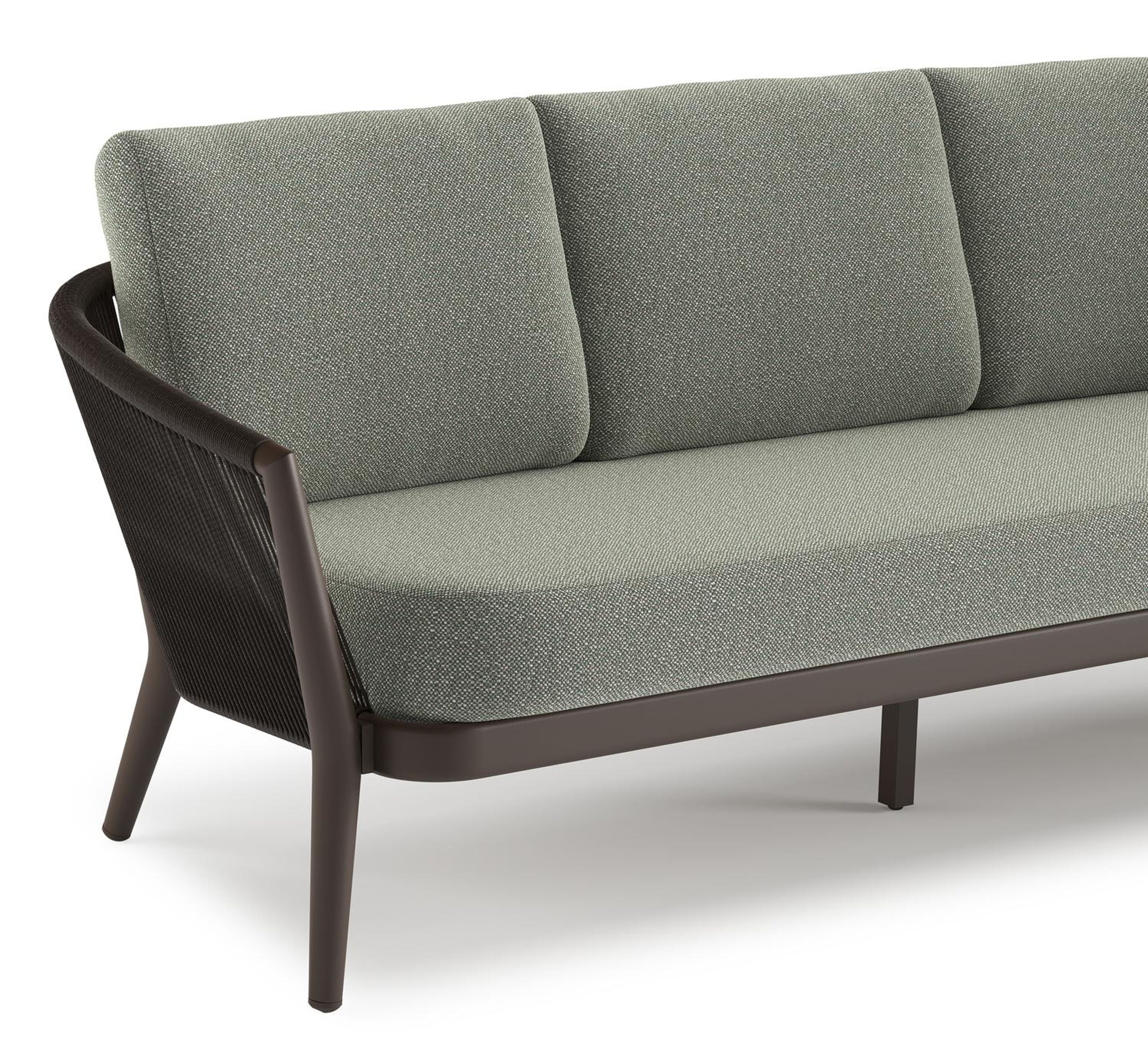 Salon de jardin Orso en aluminium brun foncé en corde ronde tissée verticalement brun foncé et coussins en all weather sunbrella® luxe Savane Leaf