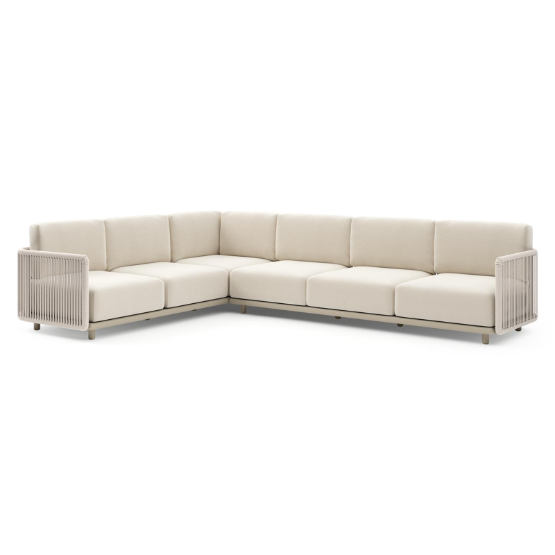 Organo loungehoek in beige aluminium en beige verticaal geweven luxe vlakke rope met althea off white all weather Cosytica kussen