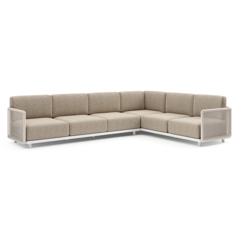 Organo loungehoek in wit aluminium en beige verticaal geweven luxe vlakke rope met bora jungle all weather Cosytica kussen