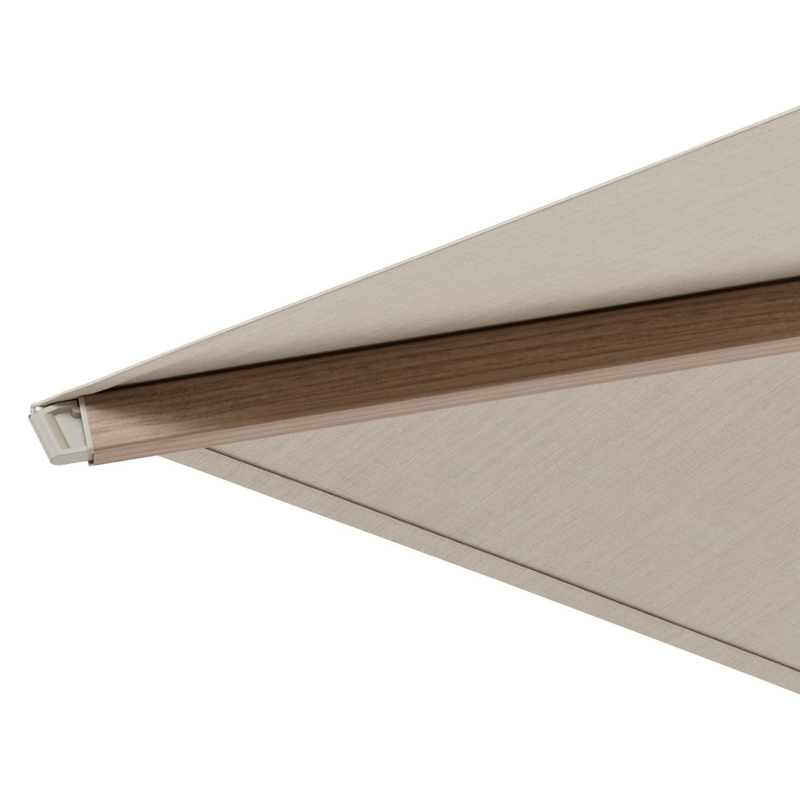 Solino staanparasol in aluminium houtlook met beige all weather sunbrella® premium parasoldoek - Dia 400 cm met parasolvoet Lapido 160 kg