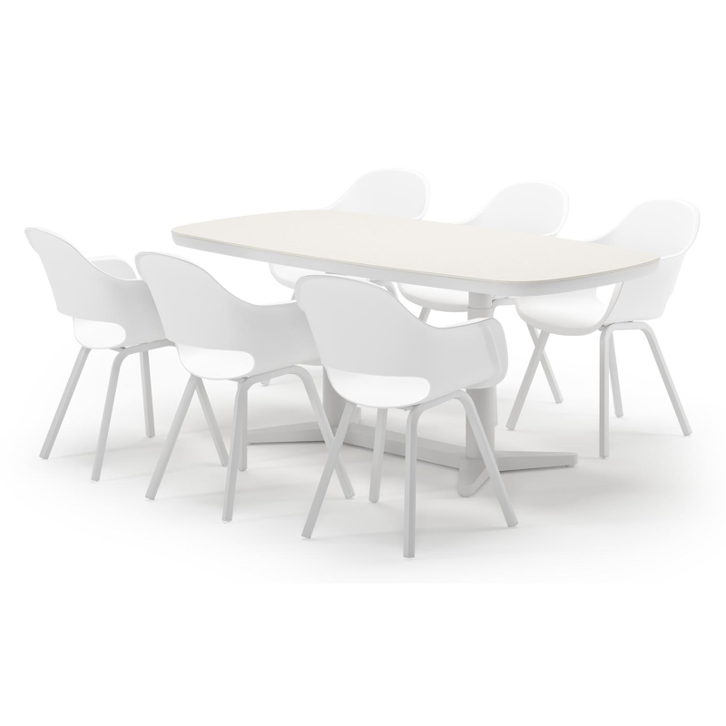 Tarsia tuinset bootvorm in wit aluminium en sintered stone Crema minerale met 6 Artena tuinstoelen