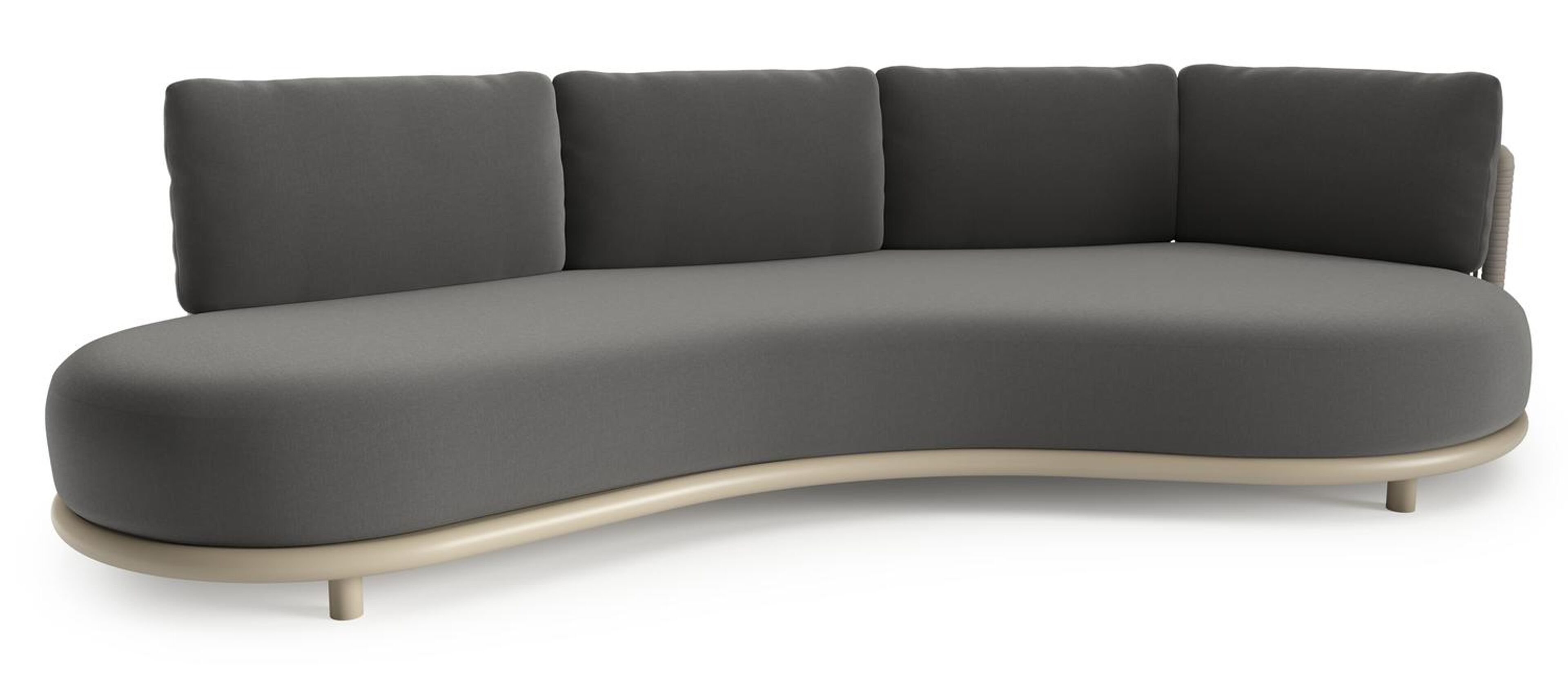 Lomano loungebank in beige aluminium en beige verticaal geweven luxe vlakke rope met natte charcoal chine all weather sunbrella® luxe kussen