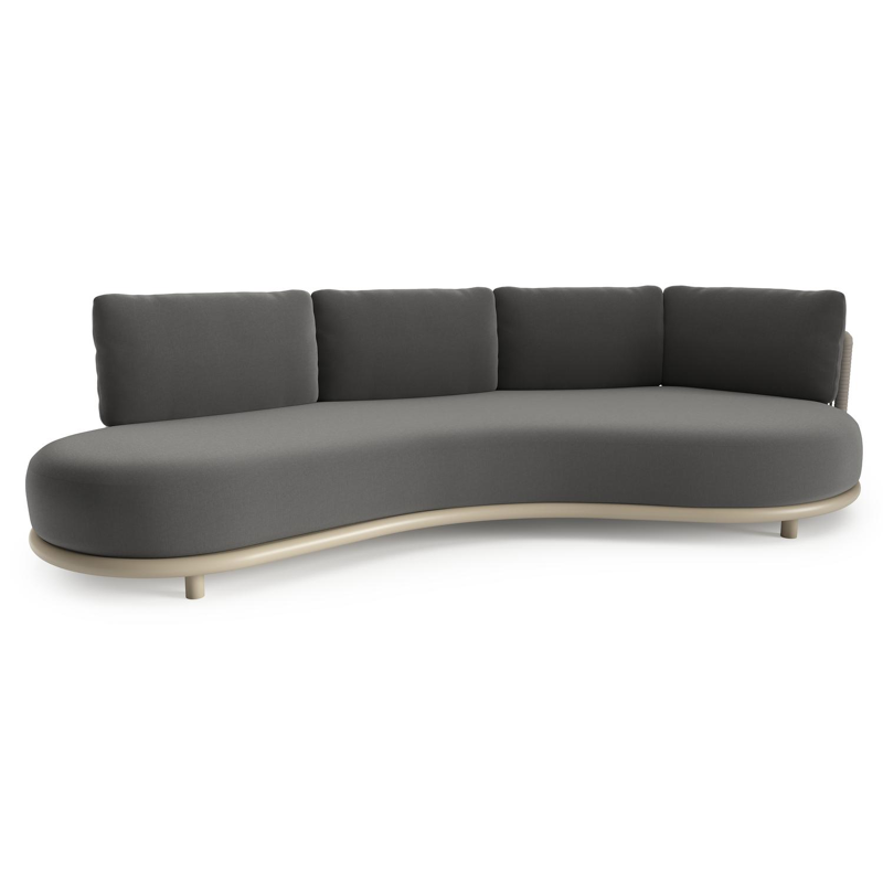 Lomano loungebank in beige aluminium en beige verticaal geweven luxe vlakke rope met natte charcoal chine all weather sunbrella® luxe kussen