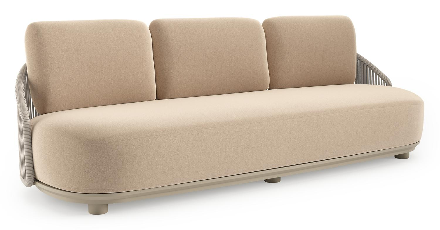 Canapé de jardin Vadelo en aluminium beige et corde ronde tissée verticalement beige et coussins en all weather sunbrella® luxe natte heather beige