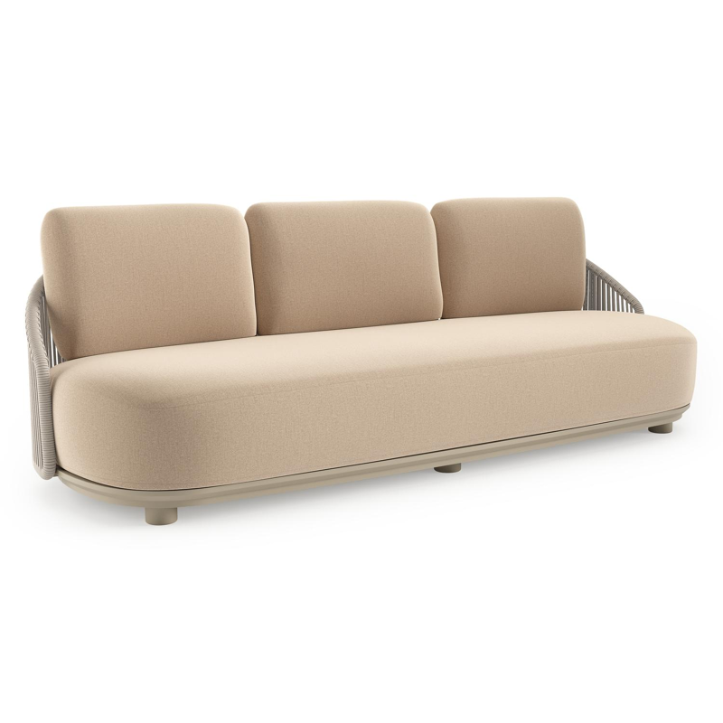 Canapé de jardin Vadelo en aluminium beige et corde ronde tissée verticalement beige et coussins en all weather sunbrella® luxe natte heather beige