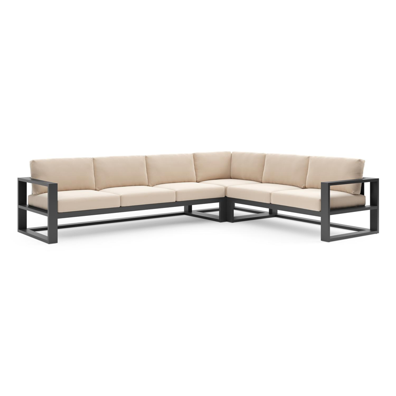 Salon de jardin d'angle Verato en aluminium noir et coussins en all weather sunbrella® luxe natte linen chalk