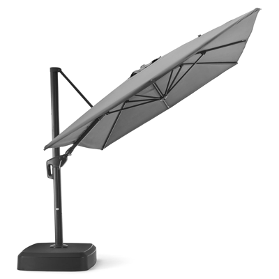 Minore zweefparasol met tiltfunctie in zwart aluminium met grijs polyester parasoldoek - L1: 300 x L2: 400 cm (met voet)