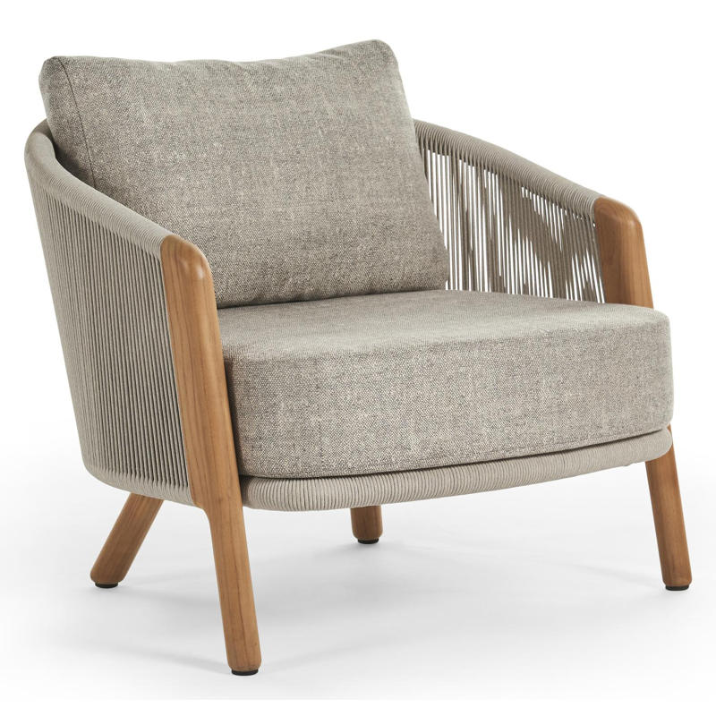 Gardo loungestoel 1-zit in teak en rope met chartres pewter all weather sunbrella® luxe kussen