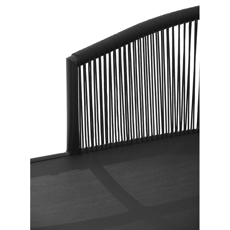 Orso dubbel ligbed in zwart aluminium en zwart verticaal geweven rope met savane tornado all weather sunbrella® luxe kussens met zwart aluminium bijzettafel