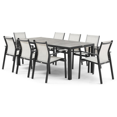 Toma tuinset in zwart aluminium en grijs keramische print tafelblad met 8 stapelbare Bahia tuinstoelen