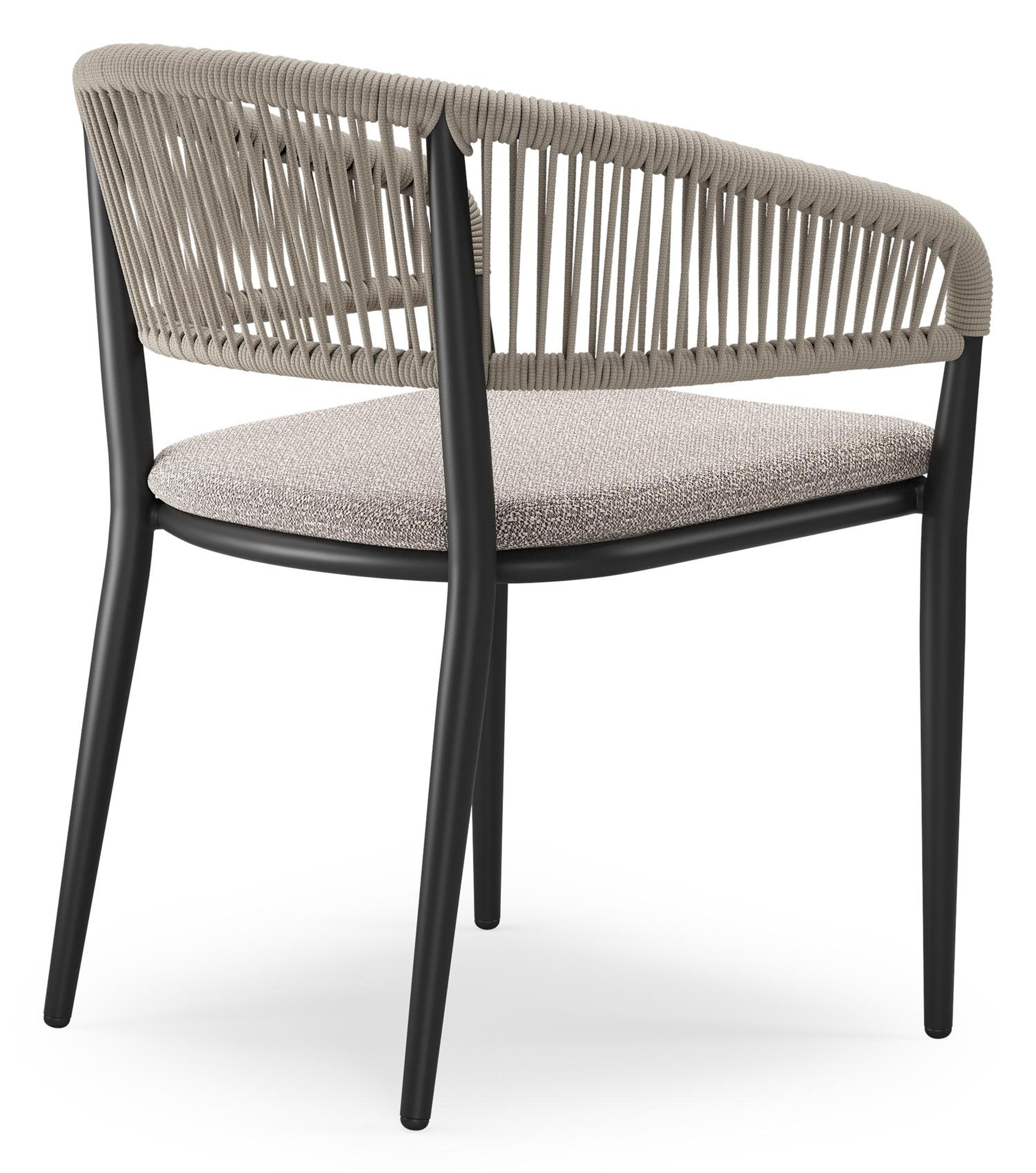 Tolfa stapelbare tuinstoel in zwart aluminium en beige verticaal geweven ronde rope met stoelkussen in All Weather Sunbrella® Luxe Wander Granite