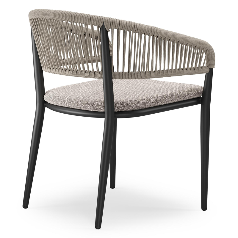 Tolfa stapelbare tuinstoel in zwart aluminium en beige verticaal geweven ronde rope met stoelkussen in All Weather Sunbrella® Luxe Wander Granite
