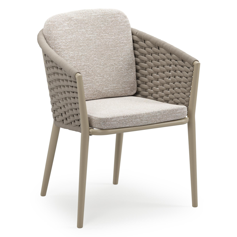 Orso stapelbare tuinstoel in beige aluminium en beige horizontaal geweven ronde rope met stoelkussen in All Weather Sunbrella® Luxe Tundra Sand