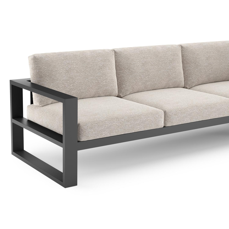 Verato loungehoek in zwart aluminium met tundra sand all weather sunbrella® luxe kussen