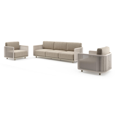 Organo loungeset in beige aluminium en beige verticaal geweven luxe vlakke rope met bora jungle all weather Cosytica kussen