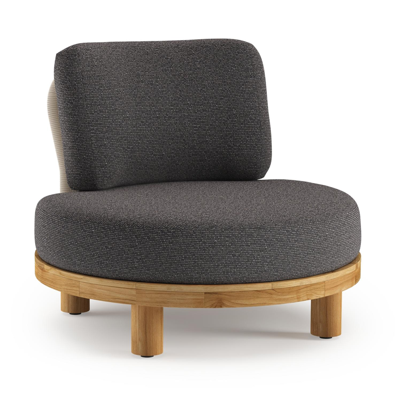 Donato loungestoel in teak en beige verticaal geweven ronde rope met all weather solica Firenze Tunder kussen