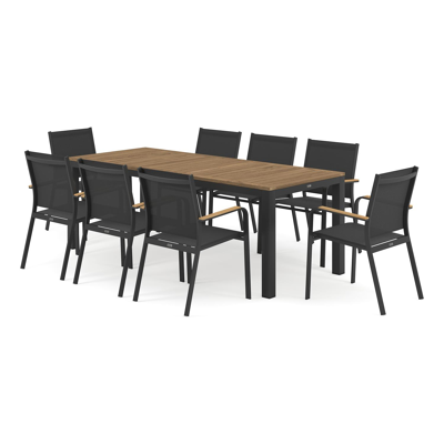 Ensemble de jardin Varese en aluminium noir avec plateau de table en teck naturel et 8 chaises de jardin empilables Amalfi