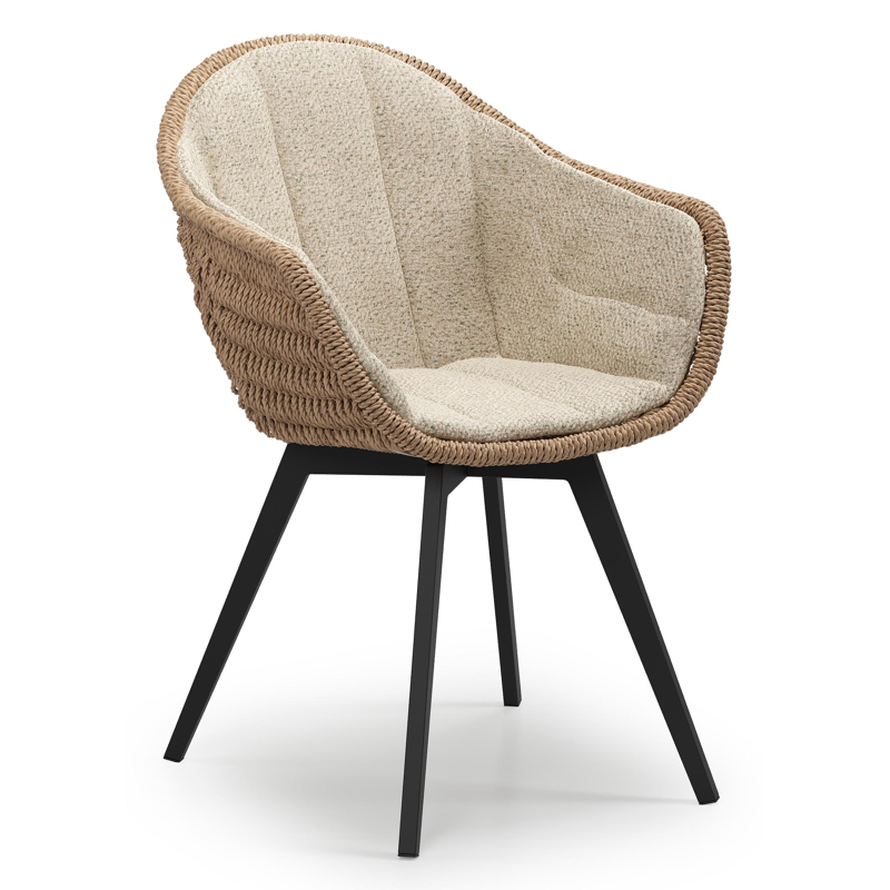 Pagino tuinstoel in zwart aluminium en naturel ronde wicker met zitkussen in All Weather Cosytica Bora Forest