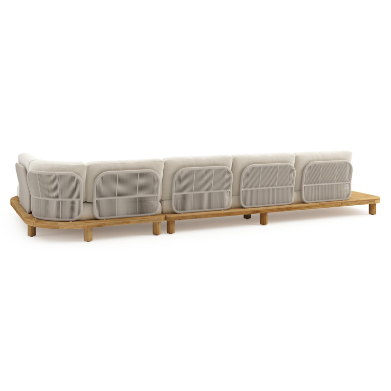 Donato loungehoek in teak en beige verticaal geweven ronde rope met all weather cosytica Althea Off White kussen