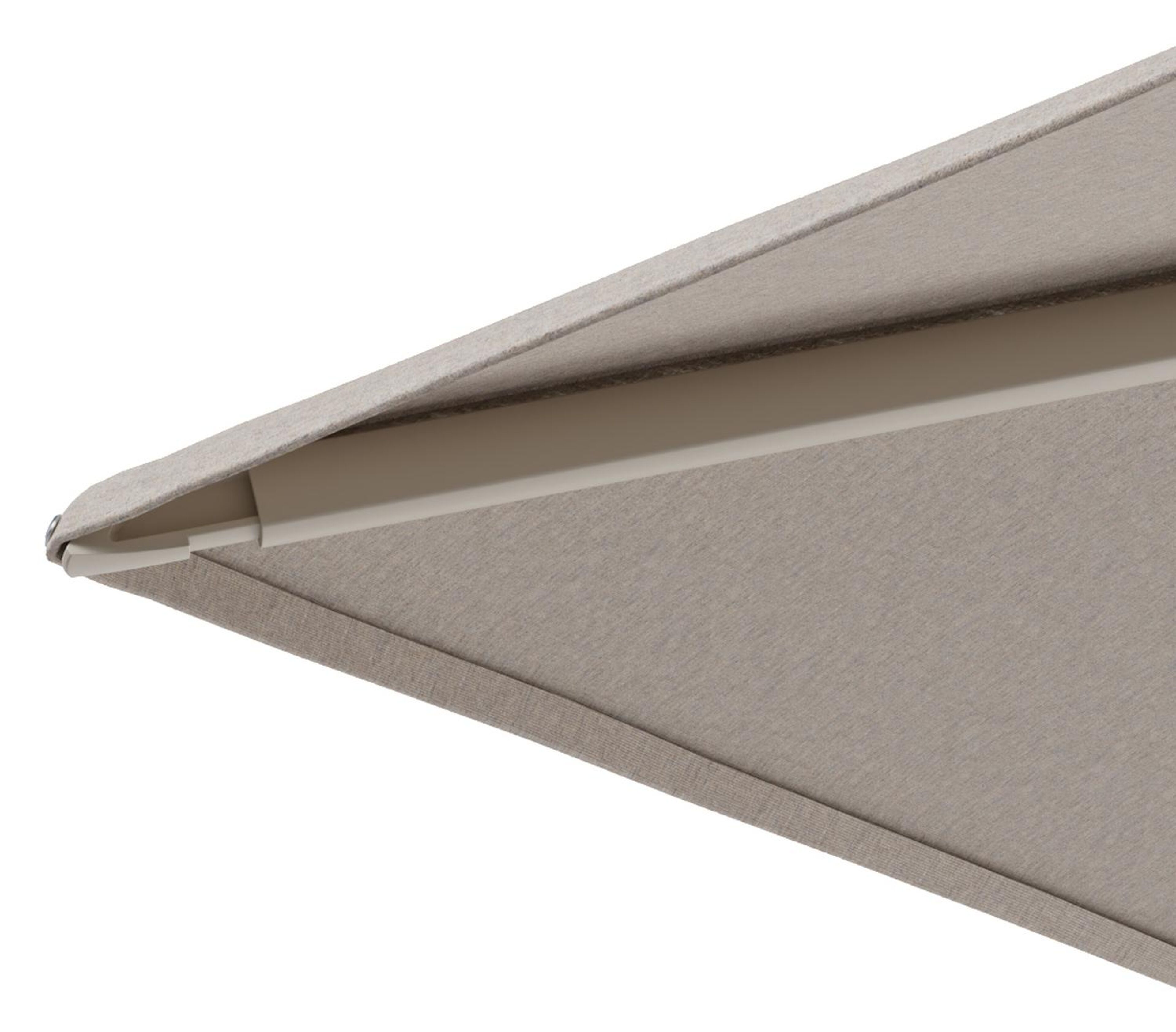Minore zweefparasol met tiltfunctie in beige aluminium en Heritage Ash All Weather Sunbrella® Luxe parasoldoek - L1: 350 x L2: 350 cm met parasolvoet Minore 260 kg met wielen