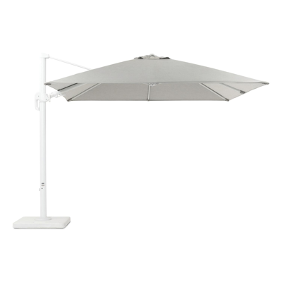 Rufina zweefparasol met tiltfunctie in wit aluminium met grijs all weather sunbrella® premium parasoldoek - L1: 300 x L2: 300 cm (met voet)
