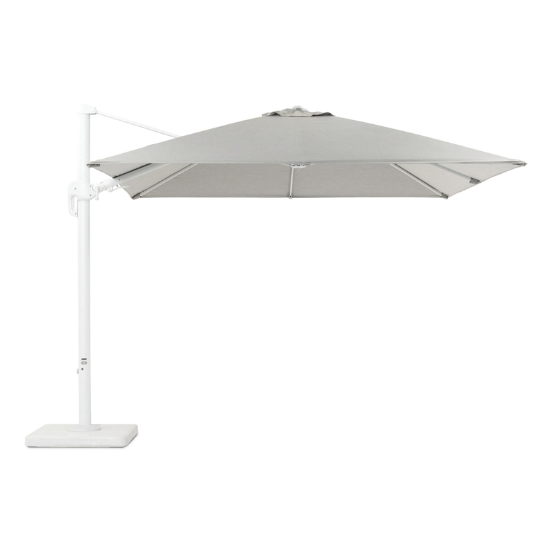 Rufina zweefparasol met tiltfunctie in wit aluminium met grijs all weather sunbrella® premium parasoldoek - L1: 300 x L2: 300 cm (met voet)