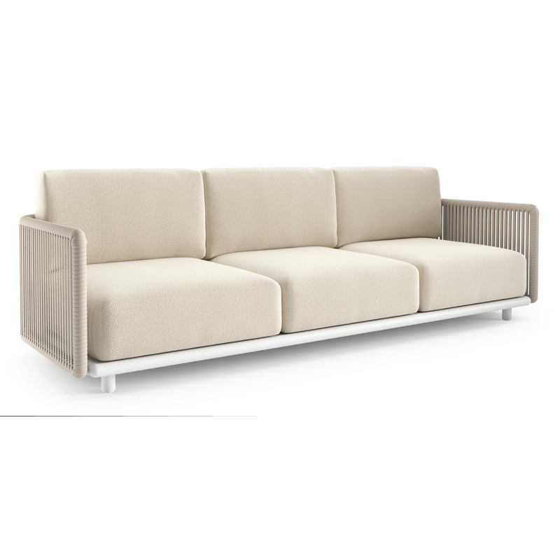 Organo loungebank 3-zit in wit aluminium en beige verticaal geweven luxe vlakke rope met althea off white All Weather Cosytica kussen
