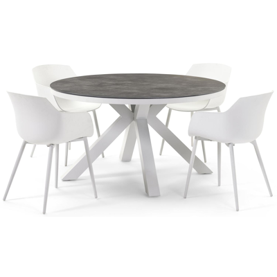 Tora tuinset in wit aluminium en grijs keramische print tafelblad met 4 Paco tuinstoelen
