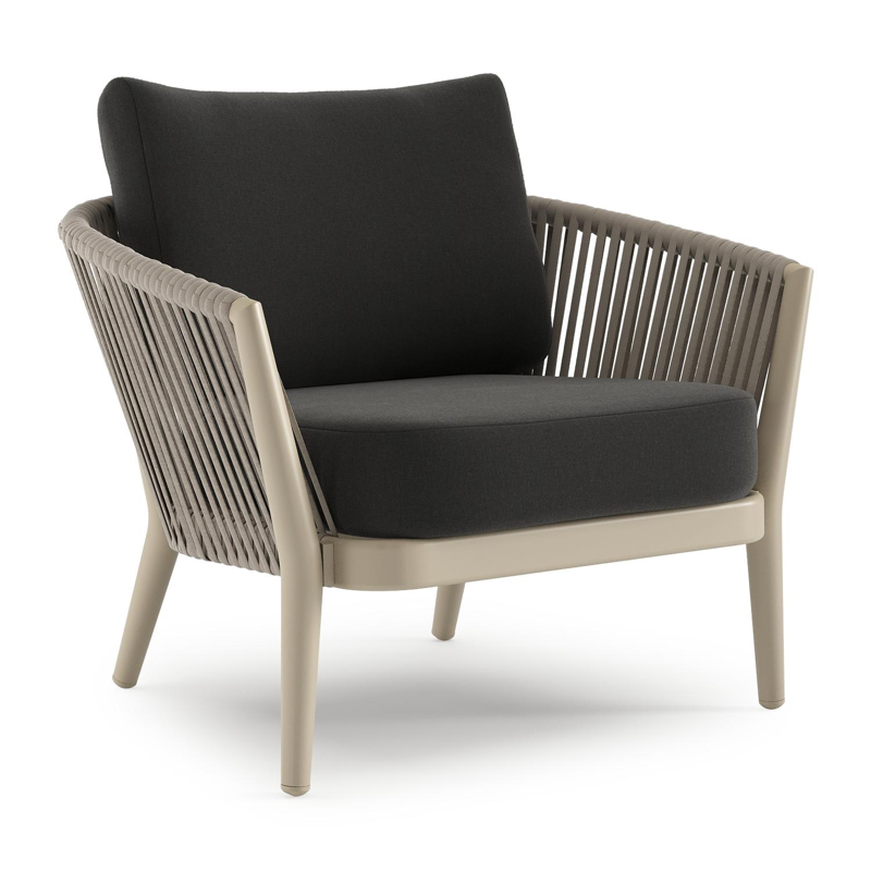 Fauteuil de jardin Orso en aluminium beige en corde luxe plate tissée verticalement beige et coussins en all weather sunbrella® luxe Natte Sooty