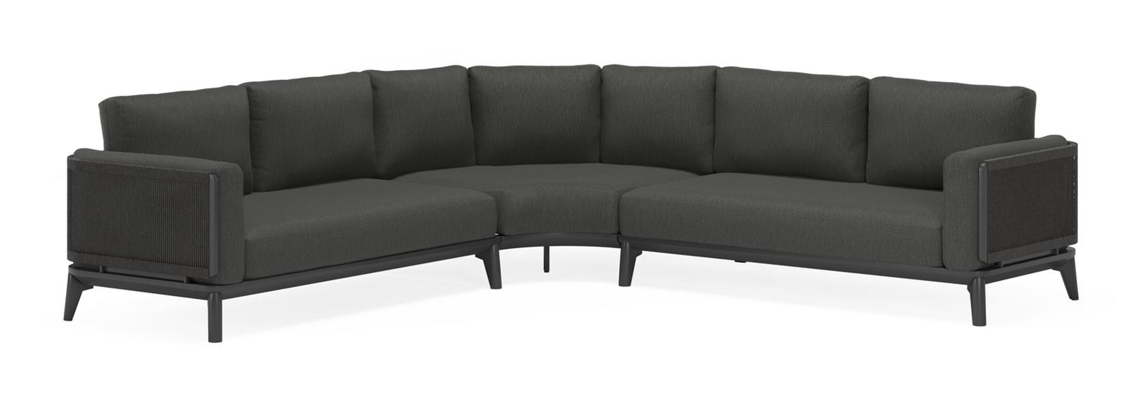 Mosa loungehoek in zwart aluminium en zwart gedraaide ronde wicker met sky black weather+ softtouch kussens