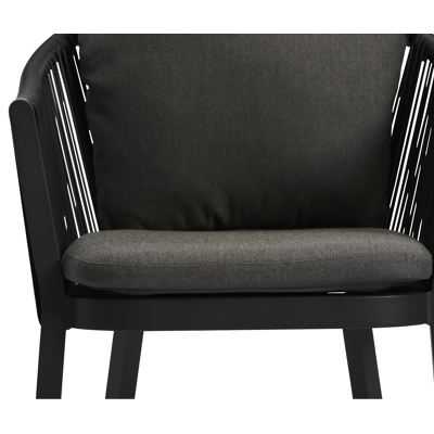 Nano tuinstoel in zwart aluminium en zwart verticaal geweven rope met kussen in natte dark taupe all weather sunbrella® luxe