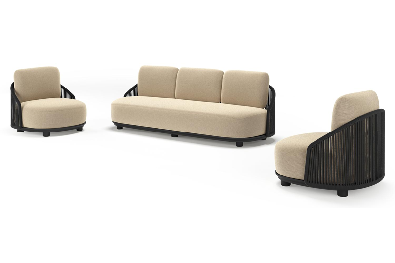 Vadelo loungeset in zwart aluminium en zwart verticaal geweven ronde rope met althea camel all weather cosytica kussen