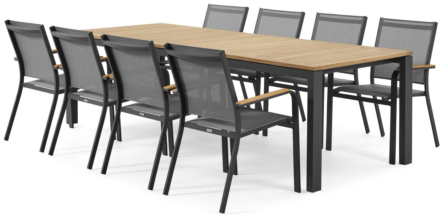 Varese tuinset in zwart aluminium en naturel teak tafelblad met 8 stapelbare Amalfi tuinstoelen