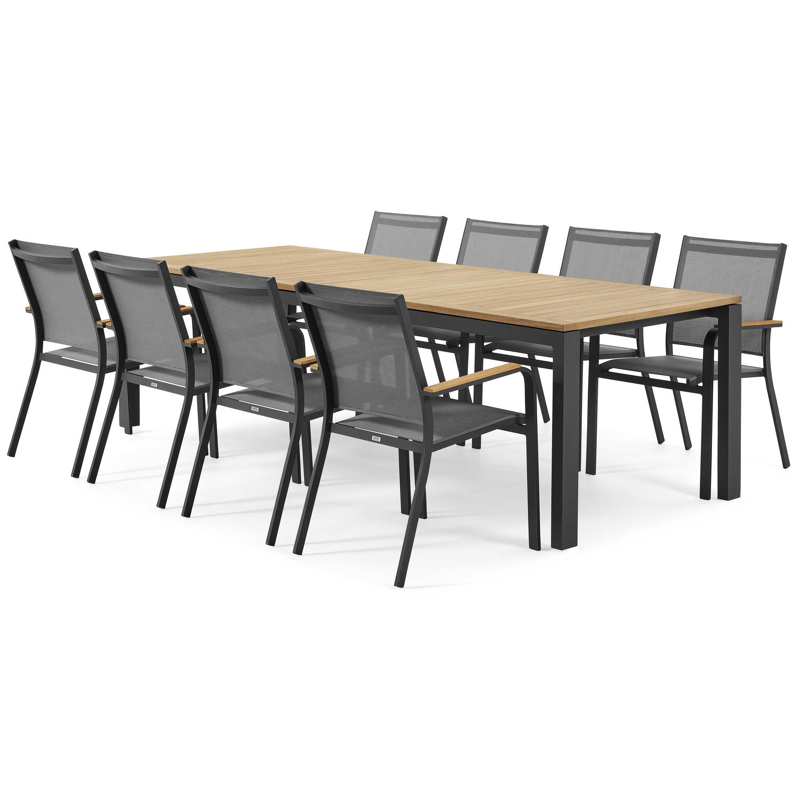 Varese tuinset in zwart aluminium en naturel teak tafelblad met 8 stapelbare Amalfi tuinstoelen
