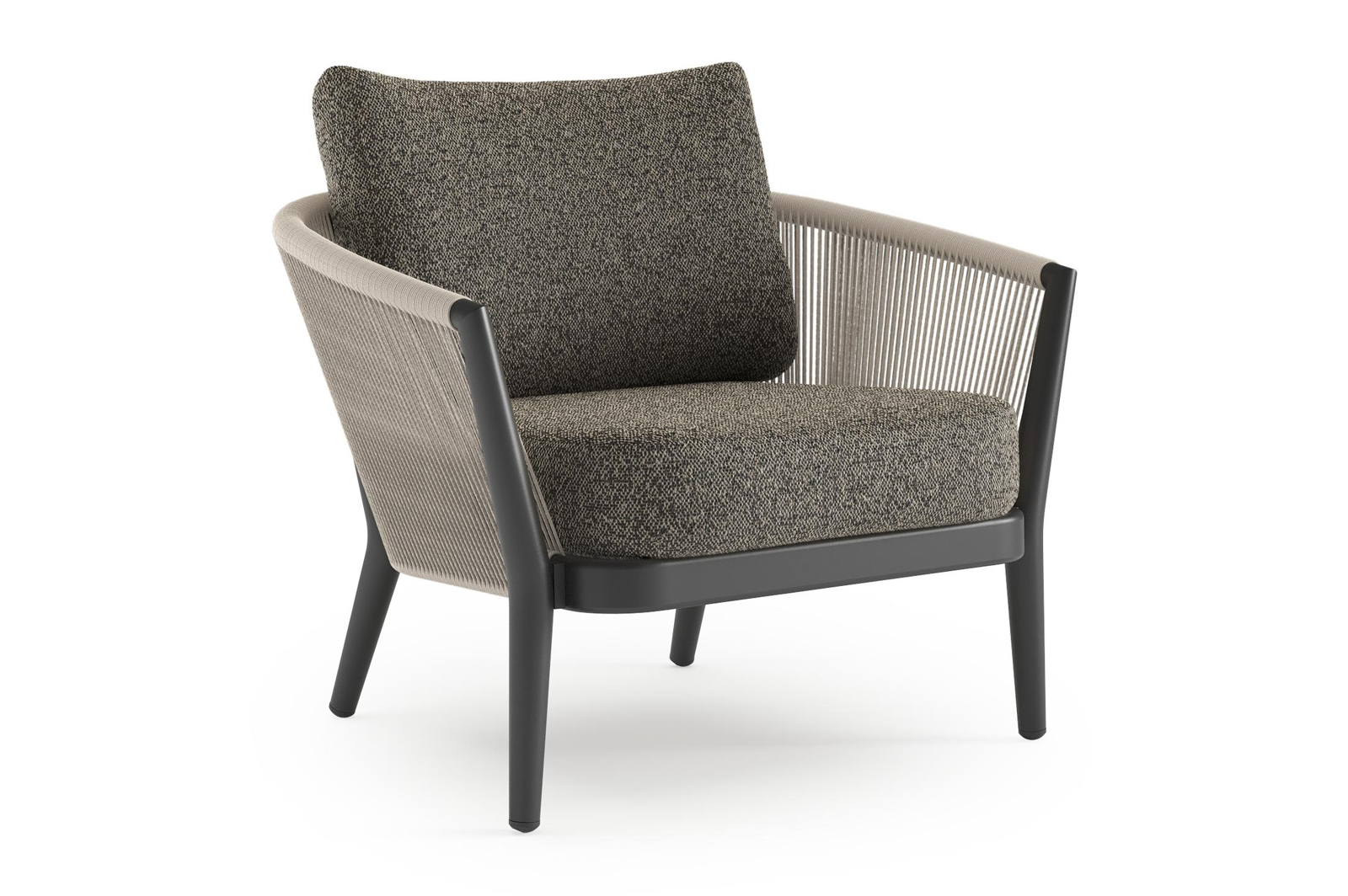 Orso loungestoel 1-zit in zwart aluminium en beige verticaal geweven ronde rope met marbella tunder All Weather Cosytica kussen