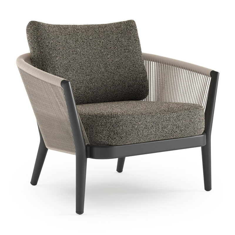 Orso loungestoel 1-zit in zwart aluminium en beige verticaal geweven ronde rope met marbella tunder All Weather Cosytica kussen