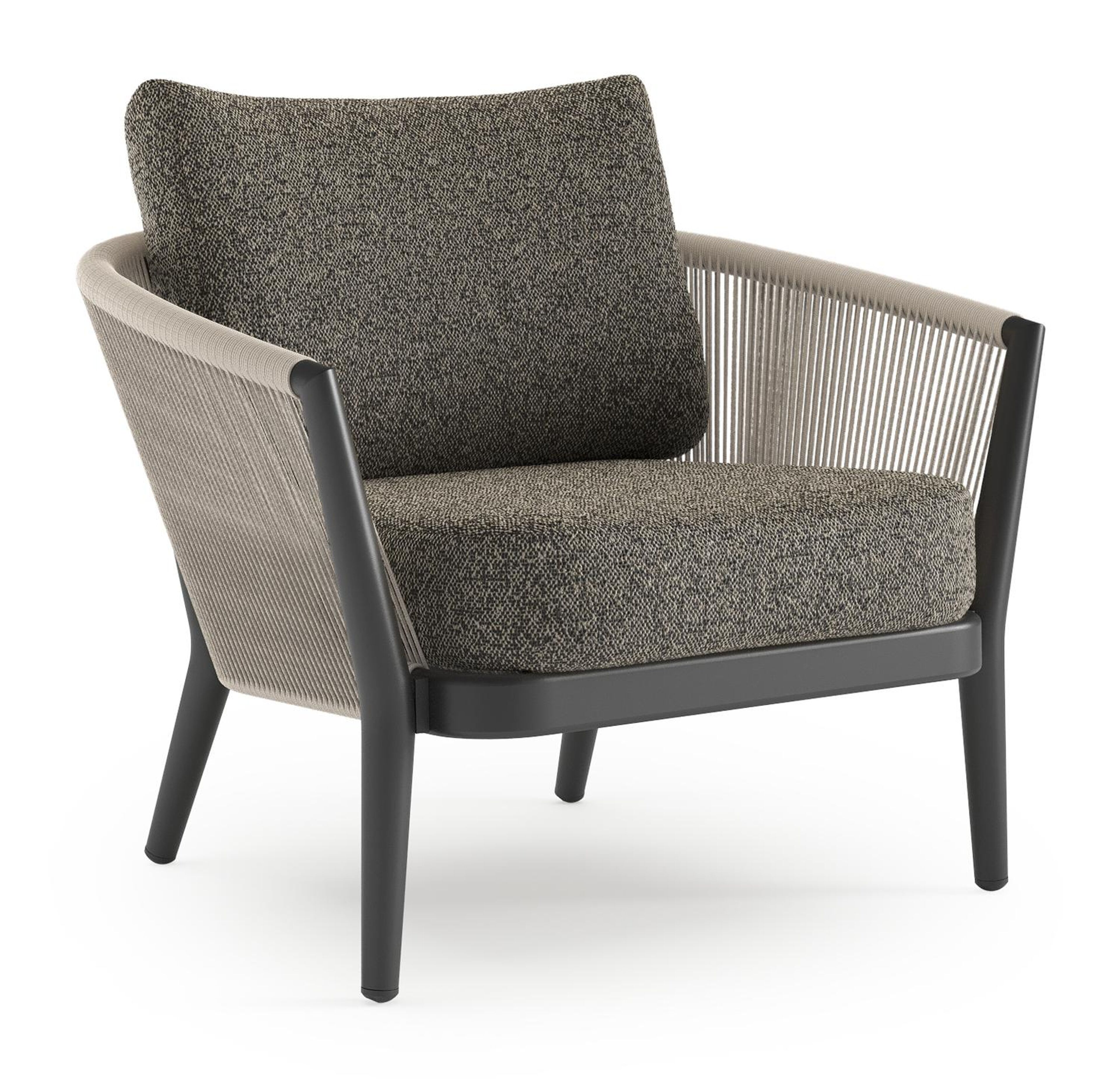 Orso loungestoel 1-zit in zwart aluminium en beige verticaal geweven ronde rope met marbella tunder All Weather Cosytica kussen