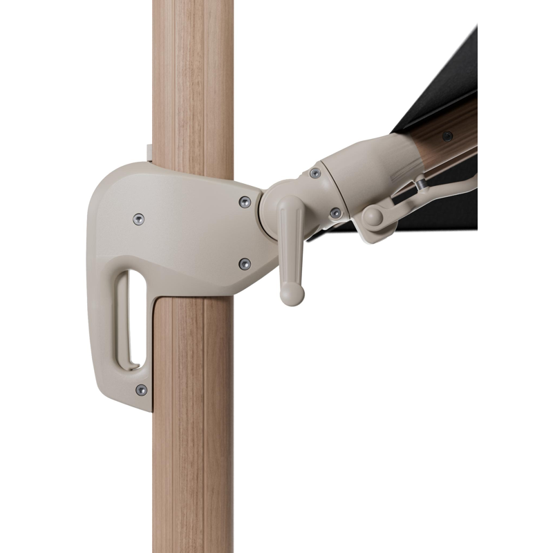 Parasol pendant Rufina avec fonction tilt en aluminium aspect de bois et toile de parasol en All Weather Sunbrella® Luxe Chartres Sooty - Lg.1 300 x Lg.2 300 cm avec pied de parasol Lapido 160 kg