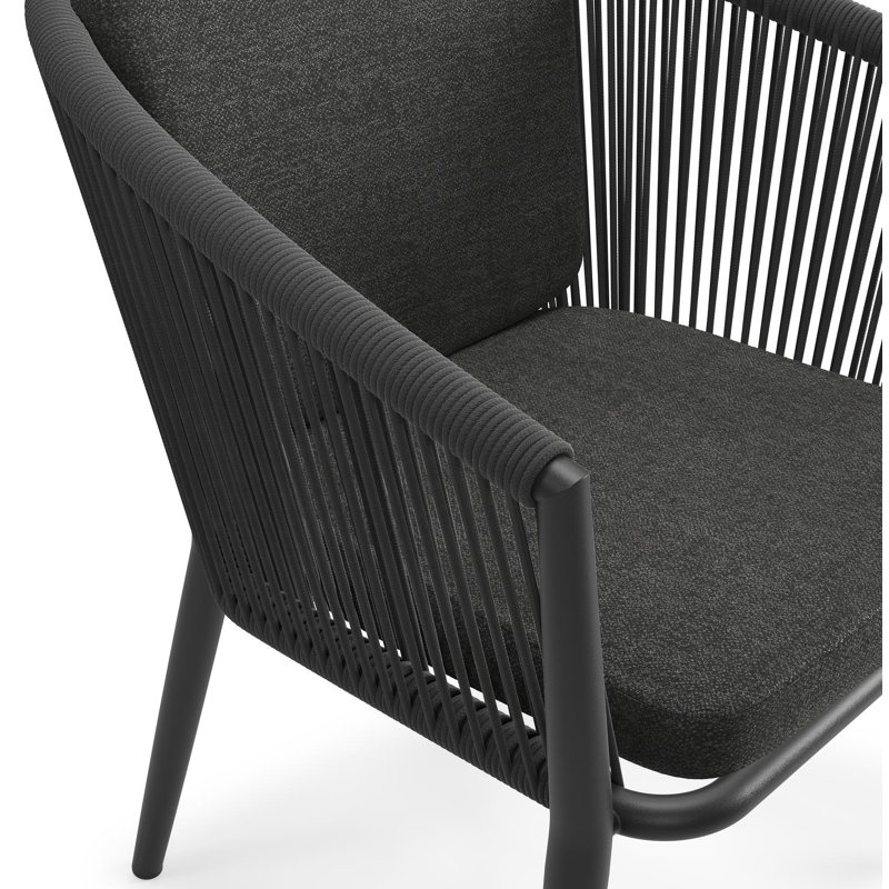 Chaise de jardin Orso in aluminium noir et corde tissée verticalement noir avec coussin en chartres sooty all weather sunbrella® luxe