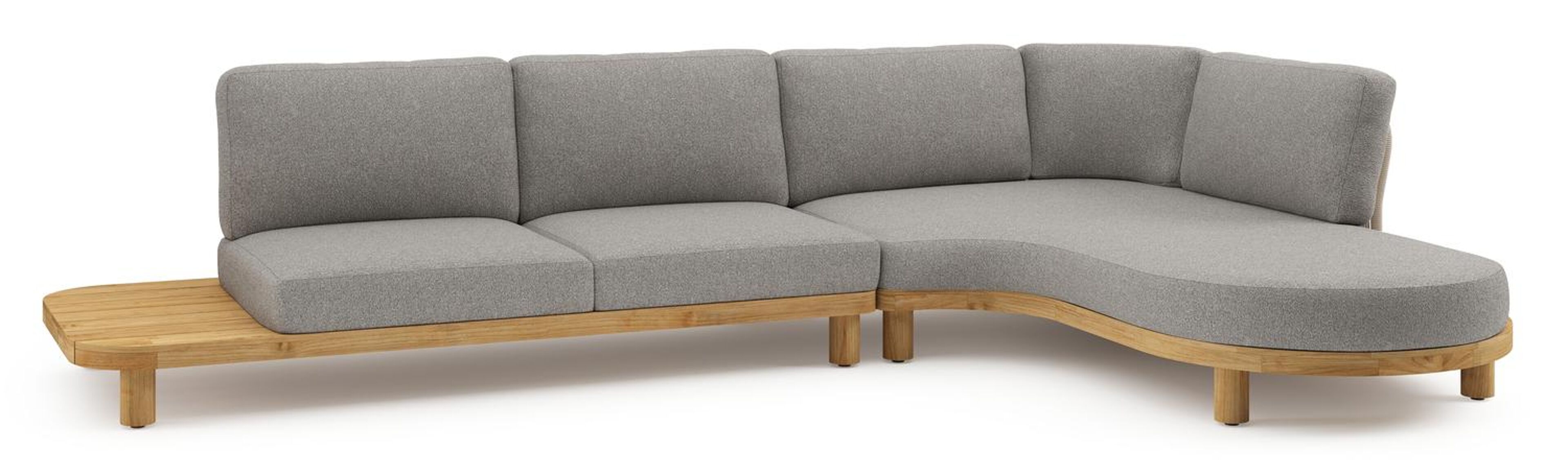 Donato loungehoek in teak en beige verticaal geweven ronde rope met all weather sunbrella® luxe Tundra Charcoal kussen