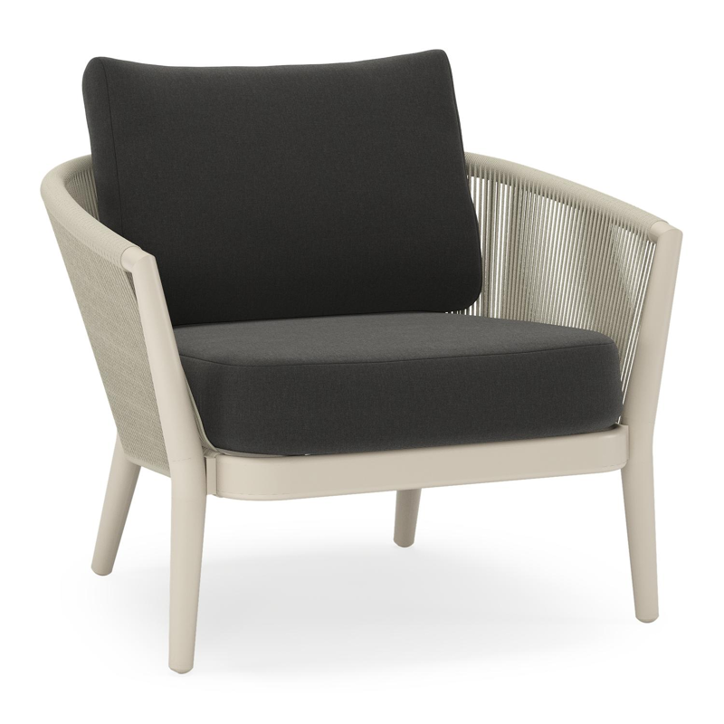 Fauteuil de jardin Orso en aluminium beige en corde ronde tissée verticalement beige et coussins en all weather sunbrella® luxe Natte Sooty