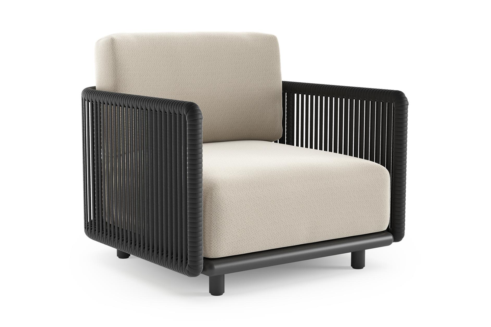 Organo loungestoel in zwart aluminium en zwart verticaal geweven luxe vlakke rope met lopi marble all weather Sunbrella® luxe kussen